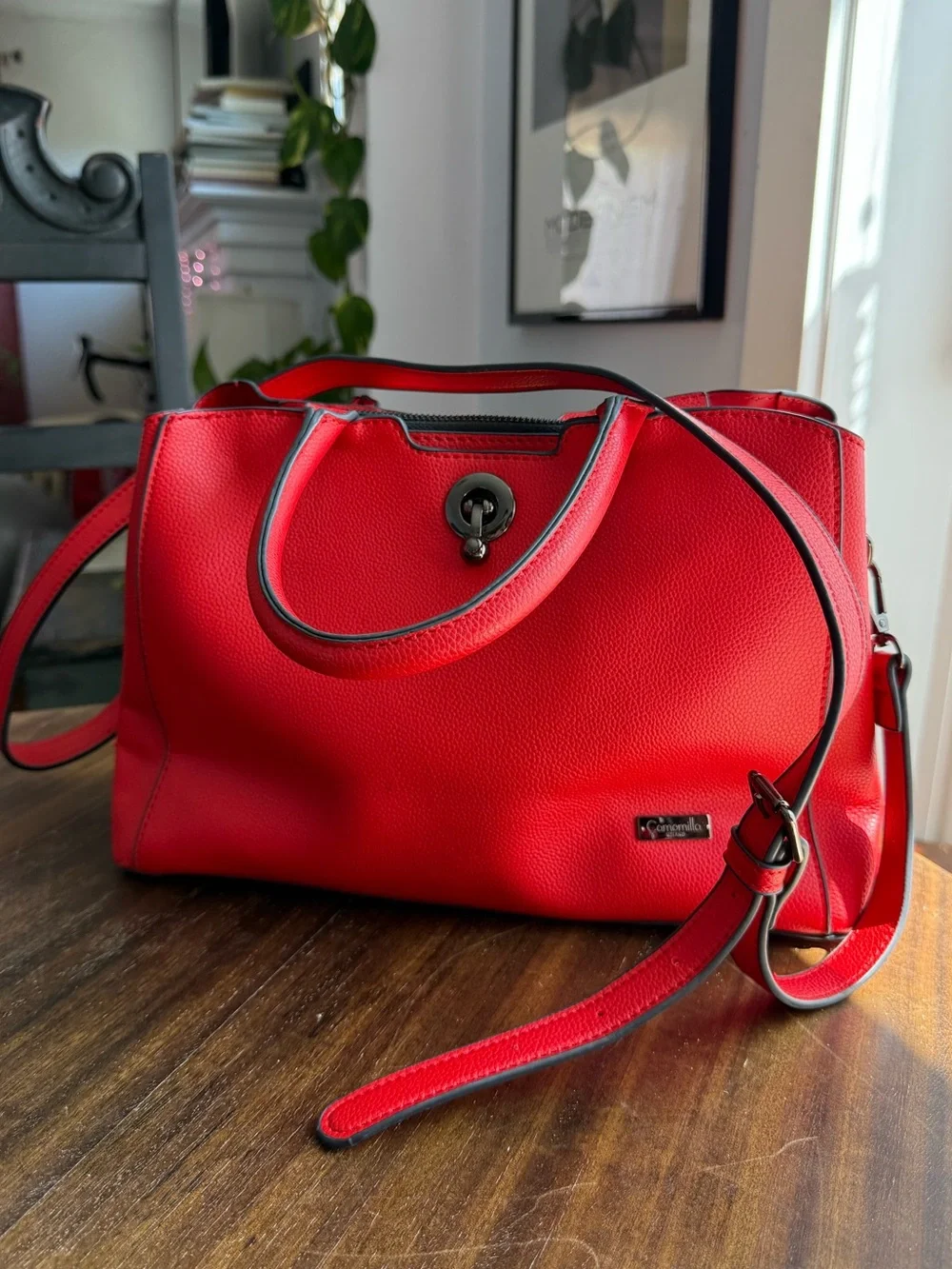 Red Pebbled Leather Satchel with Turn-Lock Accent